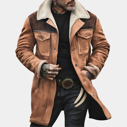 Men's classic Belro jacket in dark fabric with button-front and collar, displayed on a hanger.