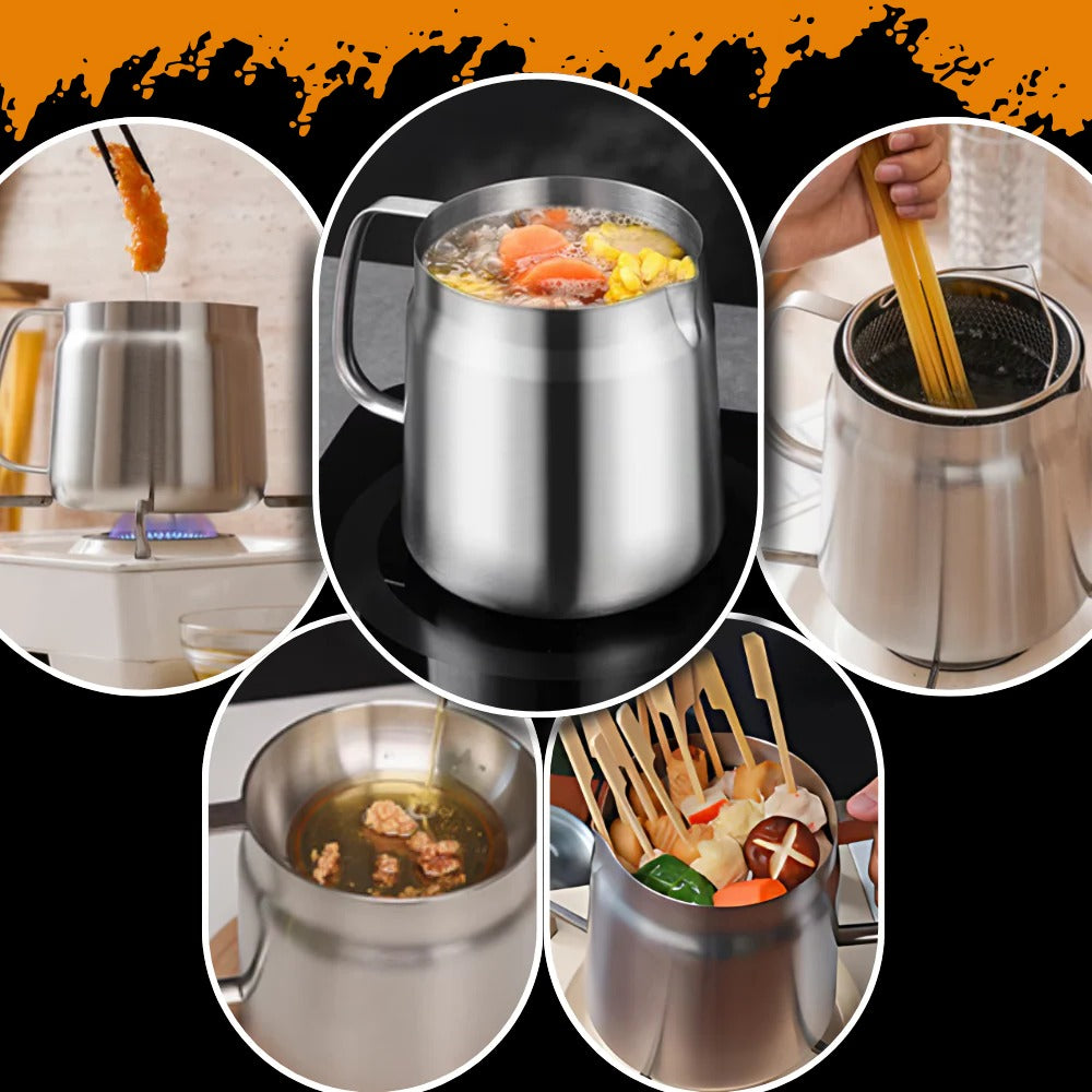 Belro 2-in-1 deep frying pot with lid for home kitchen, stainless steel construction and ergonomic handles.