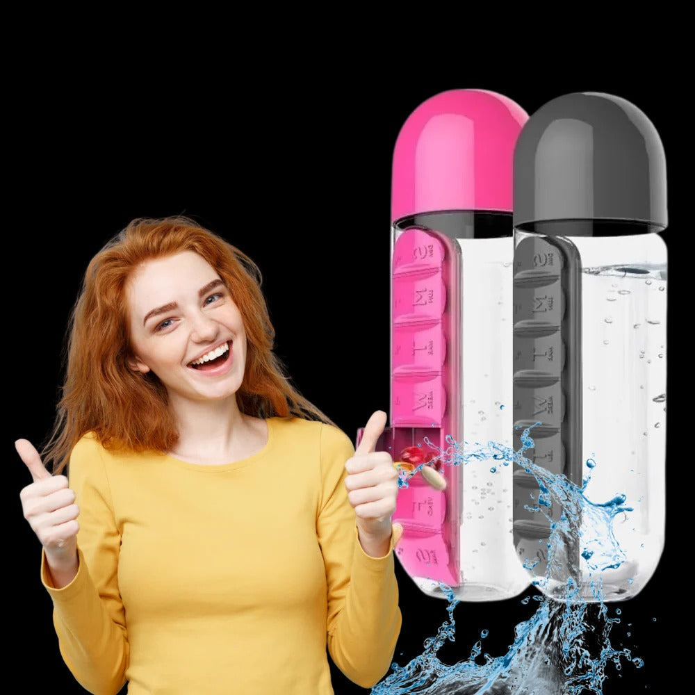 Belro water bottle with built-in pill holder, clear plastic design, and screw-on lid for convenient hydration and medication storage.