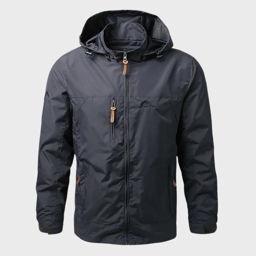 Belro waterproof men's jacket, rain jacket made of durable, waterproof fabric, with a hood and full front zipper for outdoor protection.