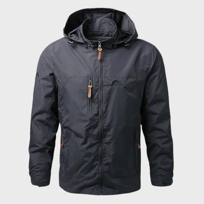 Belro waterproof men's jacket, rain jacket made of durable, waterproof fabric, with a hood and full front zipper for outdoor protection.