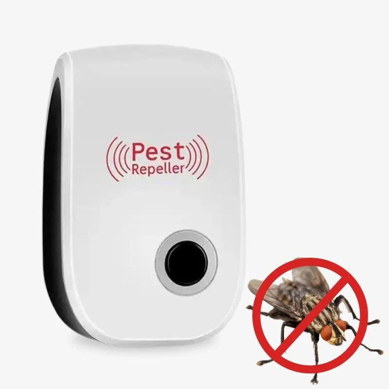 Belro ultrasonic fly repeller for home and garden, showing device with sleek design and control buttons on a white background.