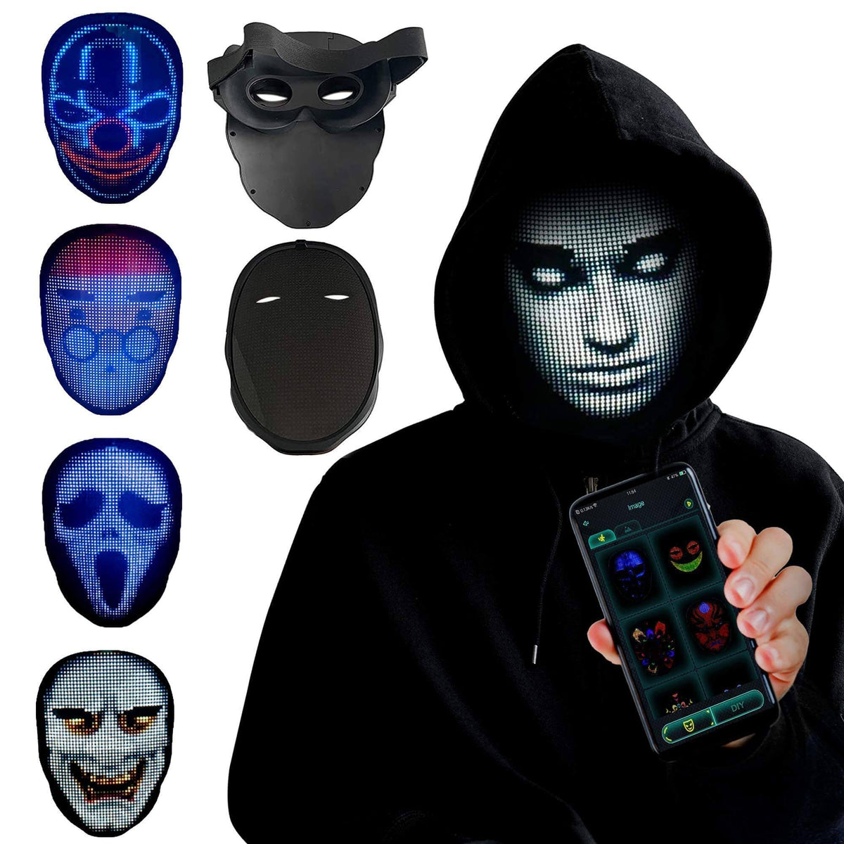 Belro LED smart mask with colorful lights, costume accessory for clothing and costume parties, featuring a futuristic design.