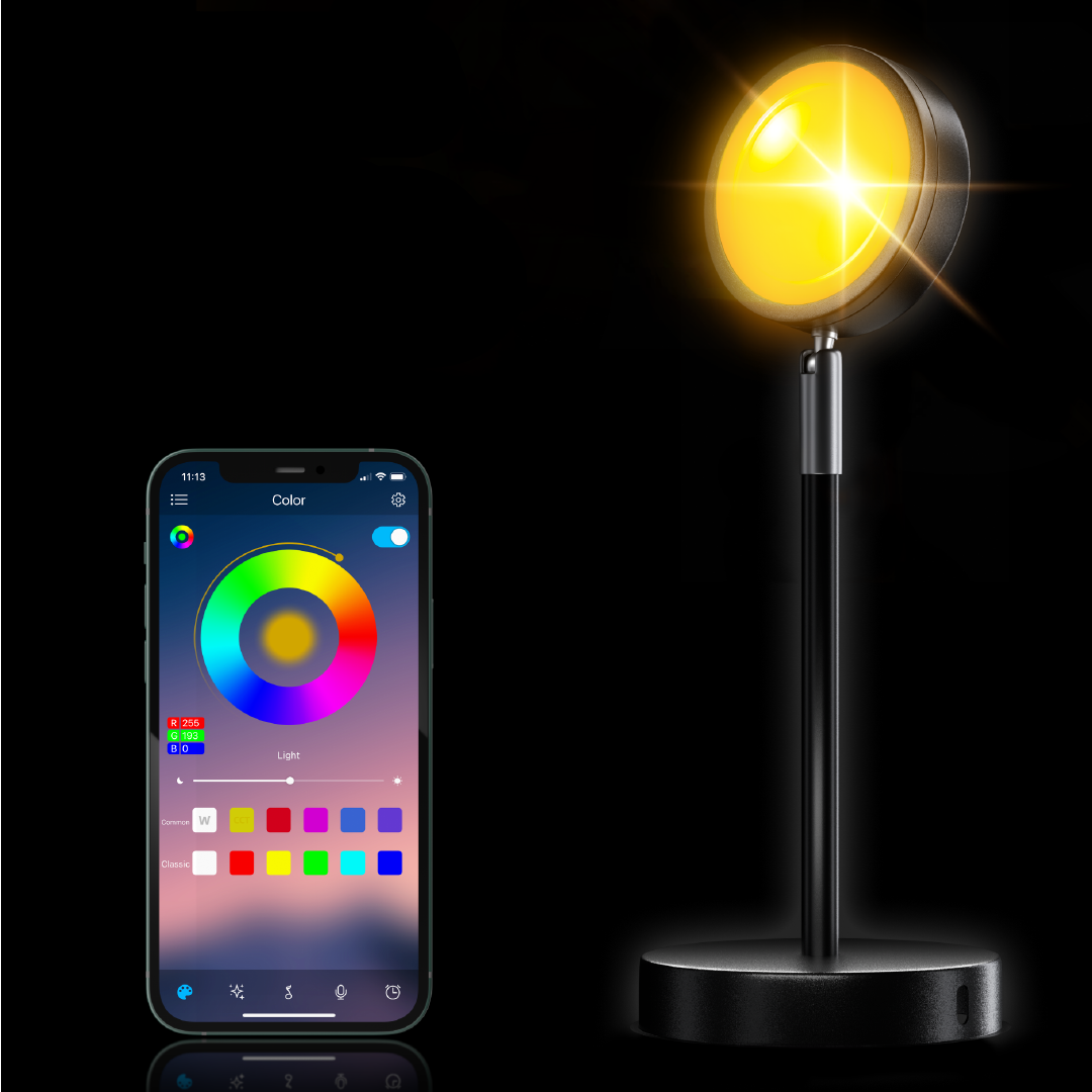 Belro Smart Sunset Lamp Deluxe, modern electronic night light with color-changing sunset lighting for relaxing ambiance.