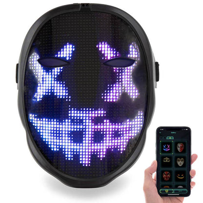 Belro LED Smart Mask with colorful light display, worn as a costume accessory, featuring adjustable straps and vibrant illumination.