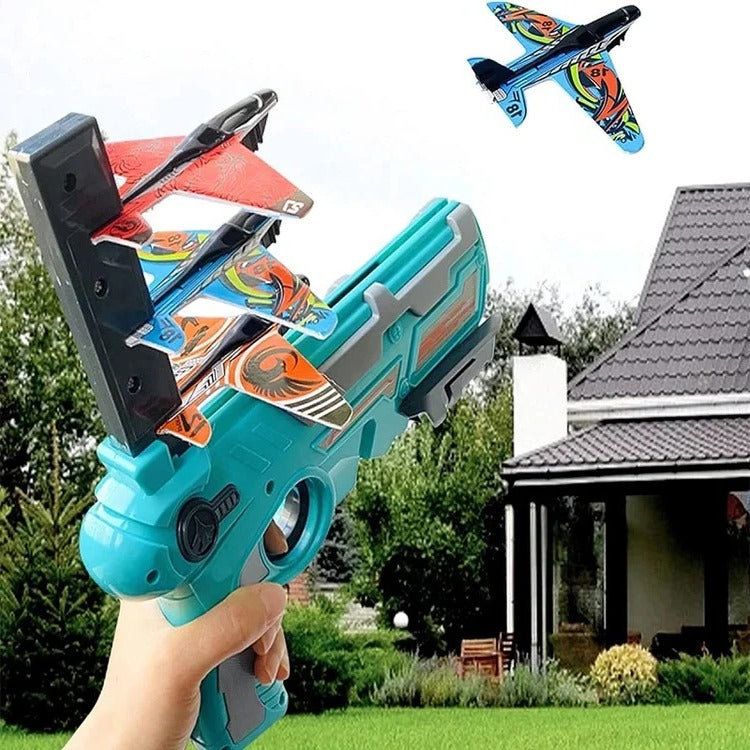 SkyGlider aircraft launcher toy by Belro showing a colorful plastic aircraft ready for launch in a child's hands.