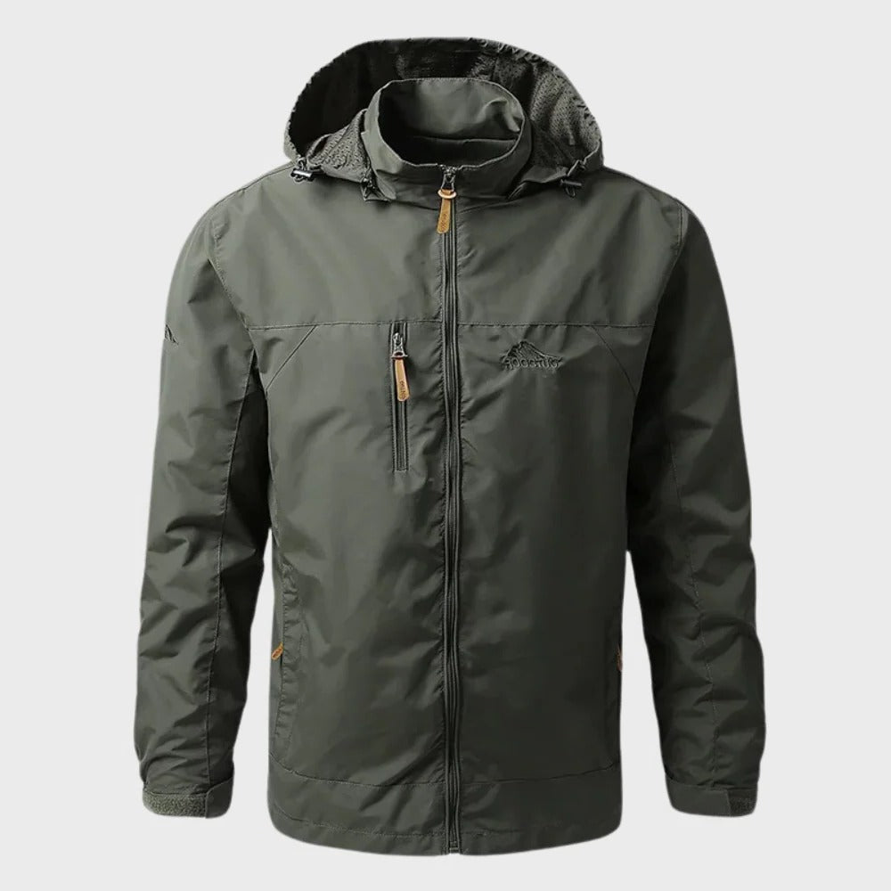 Men's waterproof Belro rain jacket with hood and adjustable cuffs, designed for outdoor protection in wet weather.