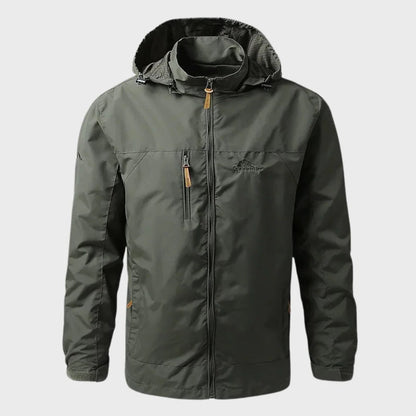 Men's waterproof Belro rain jacket with hood and adjustable cuffs, designed for outdoor protection in wet weather.