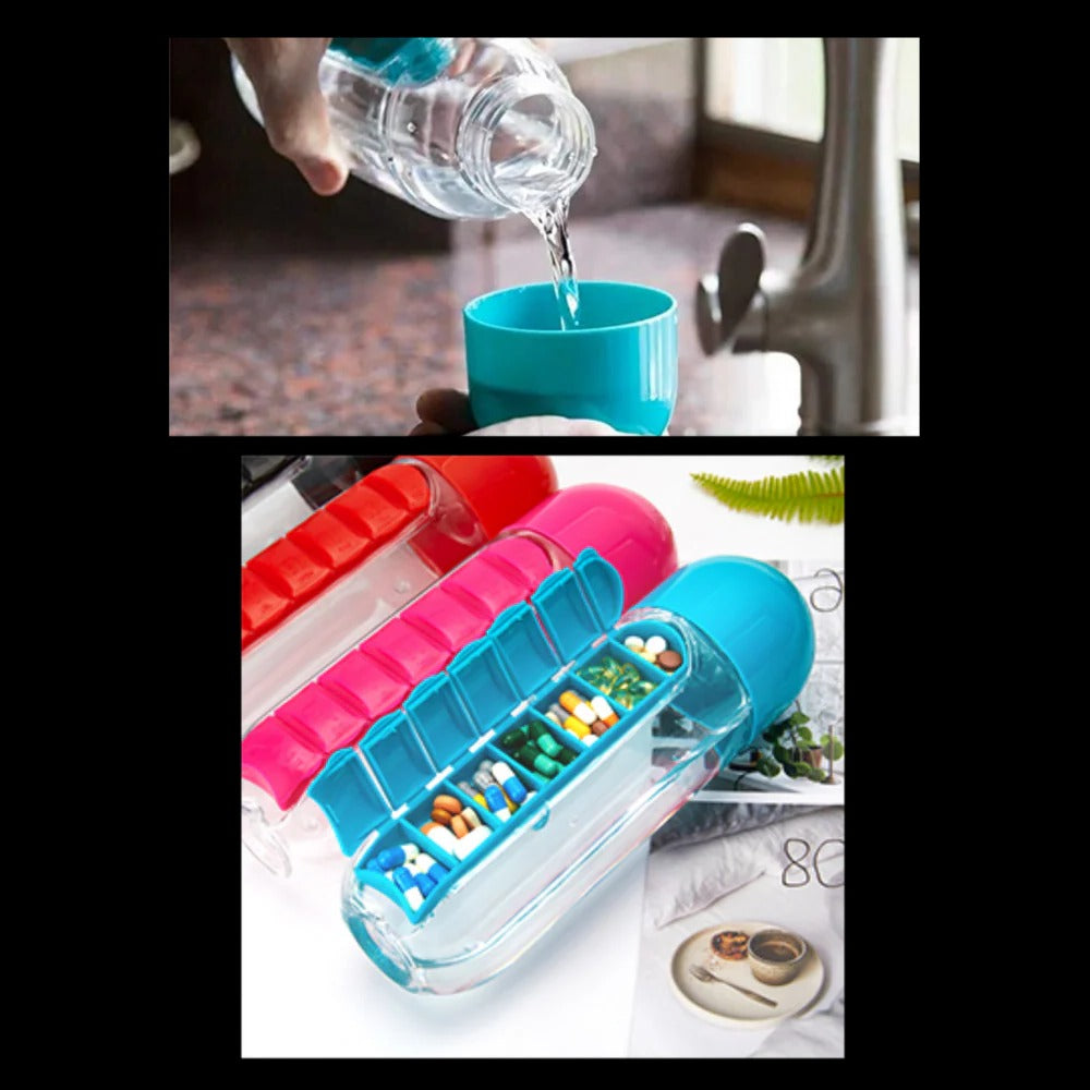 Belro water bottle with built-in pill holder, durable plastic tumbler for hydration and medication storage, in a sleek design.