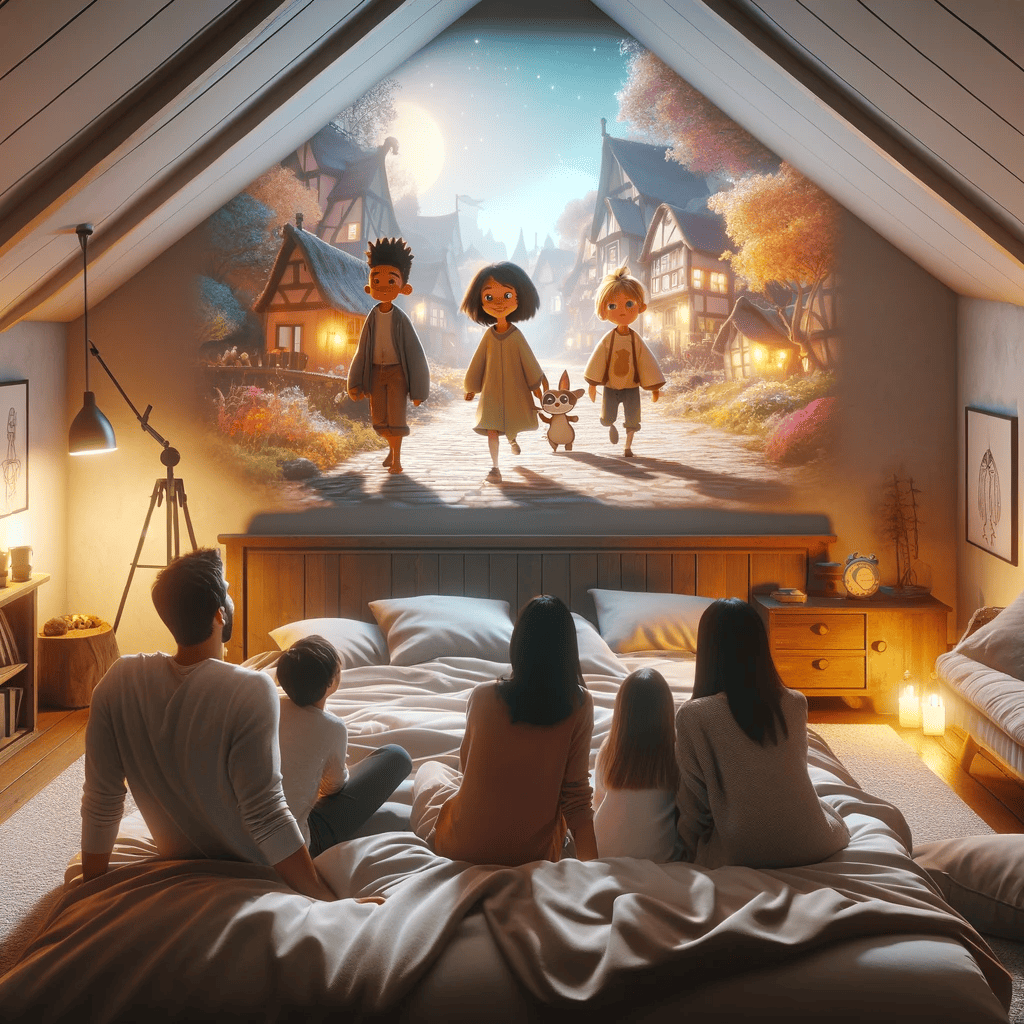 Belro Mini Movie Projector displaying a bright movie scene on a wall, compact electronic device for home entertainment.