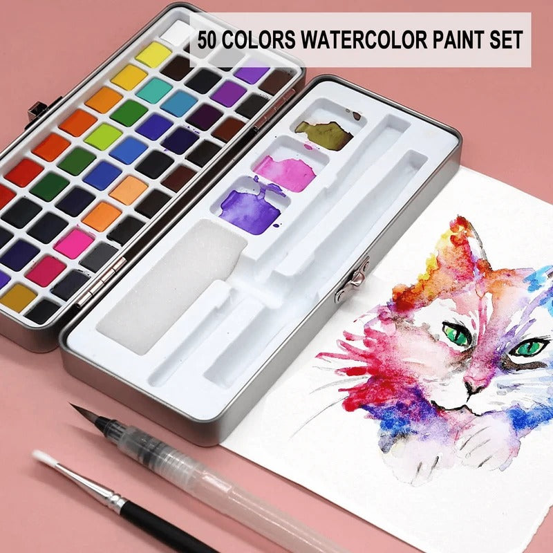 Men's watercolor paint set by Belro, featuring vibrant paints and brushes, ideal for artistic clothing or accessories.