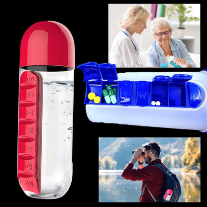 Belro water bottle with built-in pill holder, durable kitchen tumbler for hydration and medication storage.