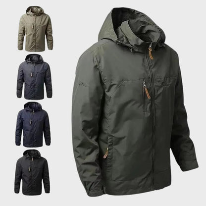 Men's waterproof Belro rain jacket with a hood, lightweight exterior, and adjustable cuffs, designed for wet weather protection.