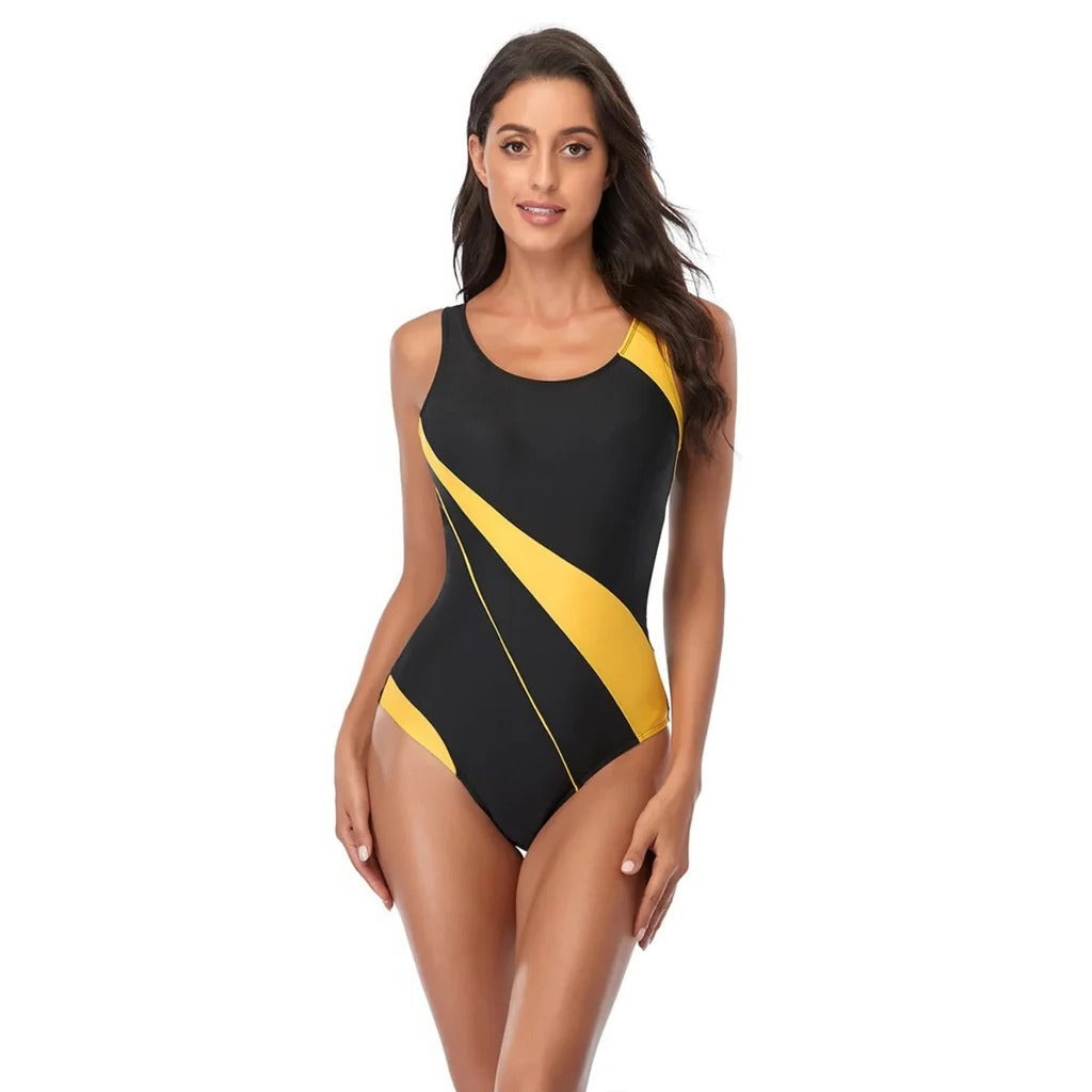 Belro tricolor vulcanized swimsuit with vibrant red, blue, and white panels, fitted style perfect for swimming and beachwear.