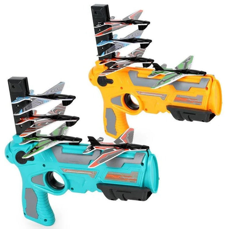 Belro SkyGlider aircraft launcher toy with colorful plastic planes and launcher, perfect for outdoor play and aviation fun.