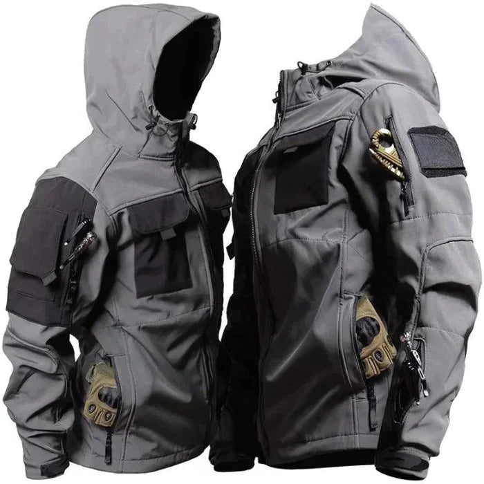 Belro windproof jacket in black with adjustable hood and zip closure, designed for outdoor wind protection and style.
