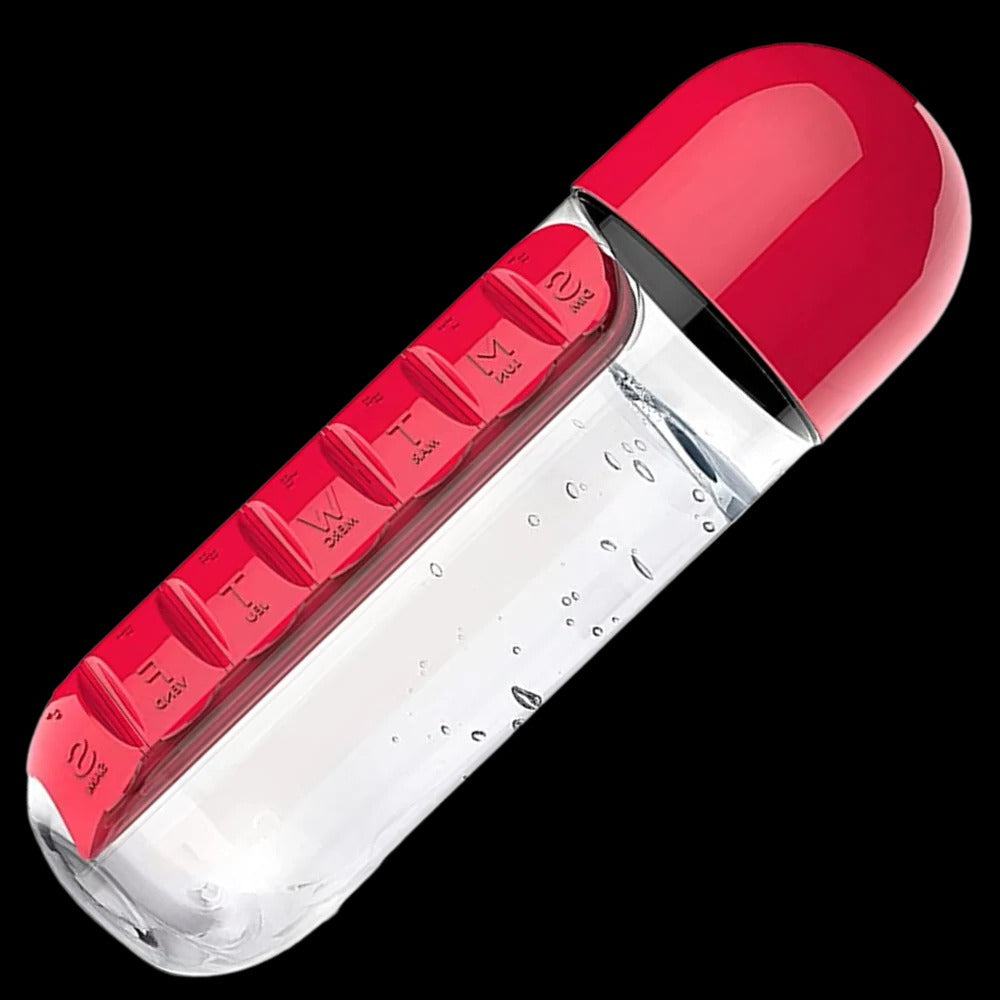 Belro water bottle with built-in pill holder, stainless steel body, and secure lid for convenient hydration and medication storage.
