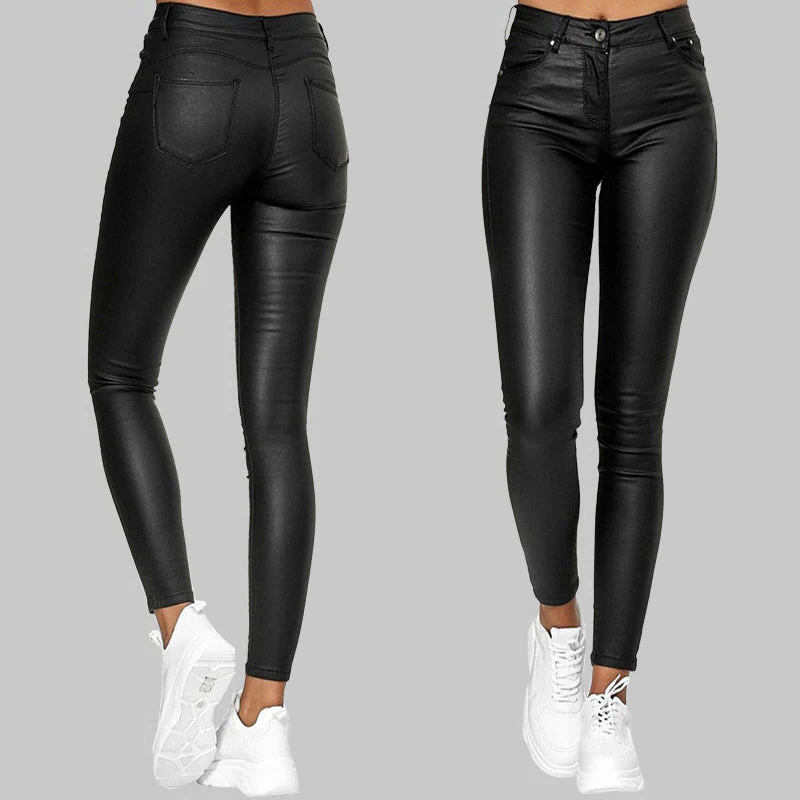 Belro skinny leather pants worn by a model, close-up view showcasing the sleek fit and smooth leather texture.