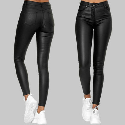 Belro skinny leather pants worn by a model, close-up view showcasing the sleek fit and smooth leather texture.