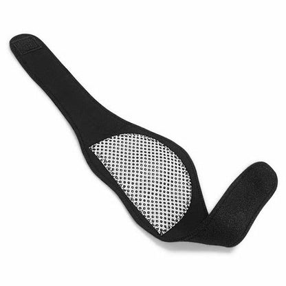 Belro heated magnetic neck wrap with adjustable suspenders, showing soft fabric and magnetic fasteners for neck support and warmth.