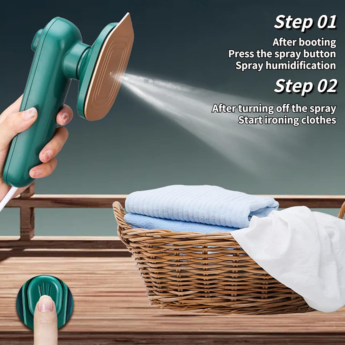 Belro compact steam iron for home and outdoor use, shown resting on a fabric surface with a sleek design.