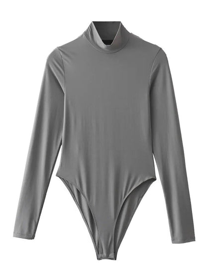 Belro long sleeve bodysuit with turtleneck collar, fitted black jumpsuit, showing front view and sleek, modern design.