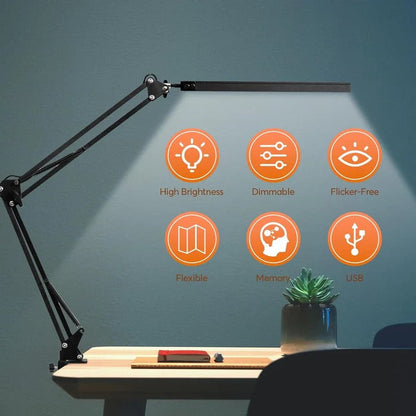 Belro LED desk lamp with clamp, adjustable brightness, and modern design, providing focused lighting for desks and workspaces.