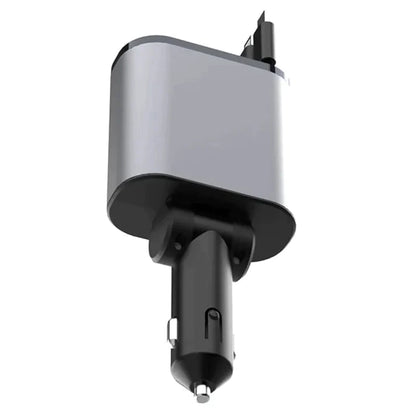 Belro dual retractable car charger plugged into a vehicle's power outlet, with USB ports for charging devices.