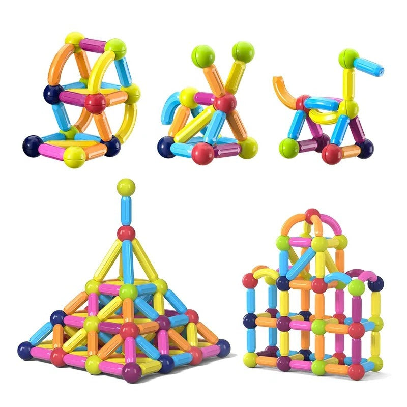 Colorful Belro magnetic building blocks toy set arranged in various shapes on a white background.