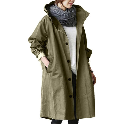 Women's long waterproof raincoat by Belro, shown hanging with a hood and full-length design for rainy weather protection.
