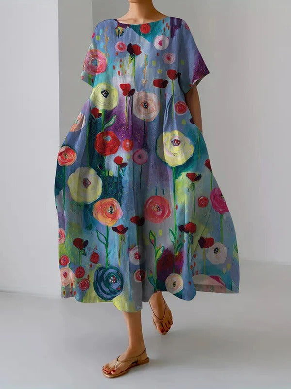 Women's loose dress by Belro featuring a vibrant oil painting art pattern, flowing fabric and relaxed fit.