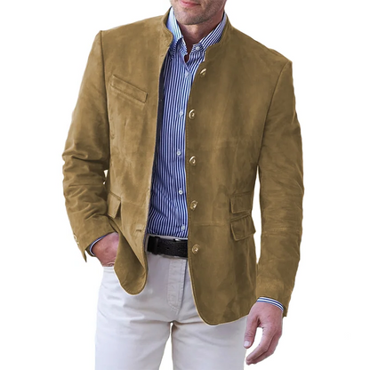 Belro men's classic button-down jacket with collar, shown hanging on a hanger featuring a neutral color and casual fit.