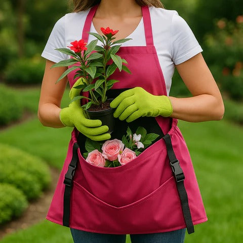 Belro durable harvesting apron with drop-release pouch for outdoor gardening, featuring adjustable straps and sturdy fabric.