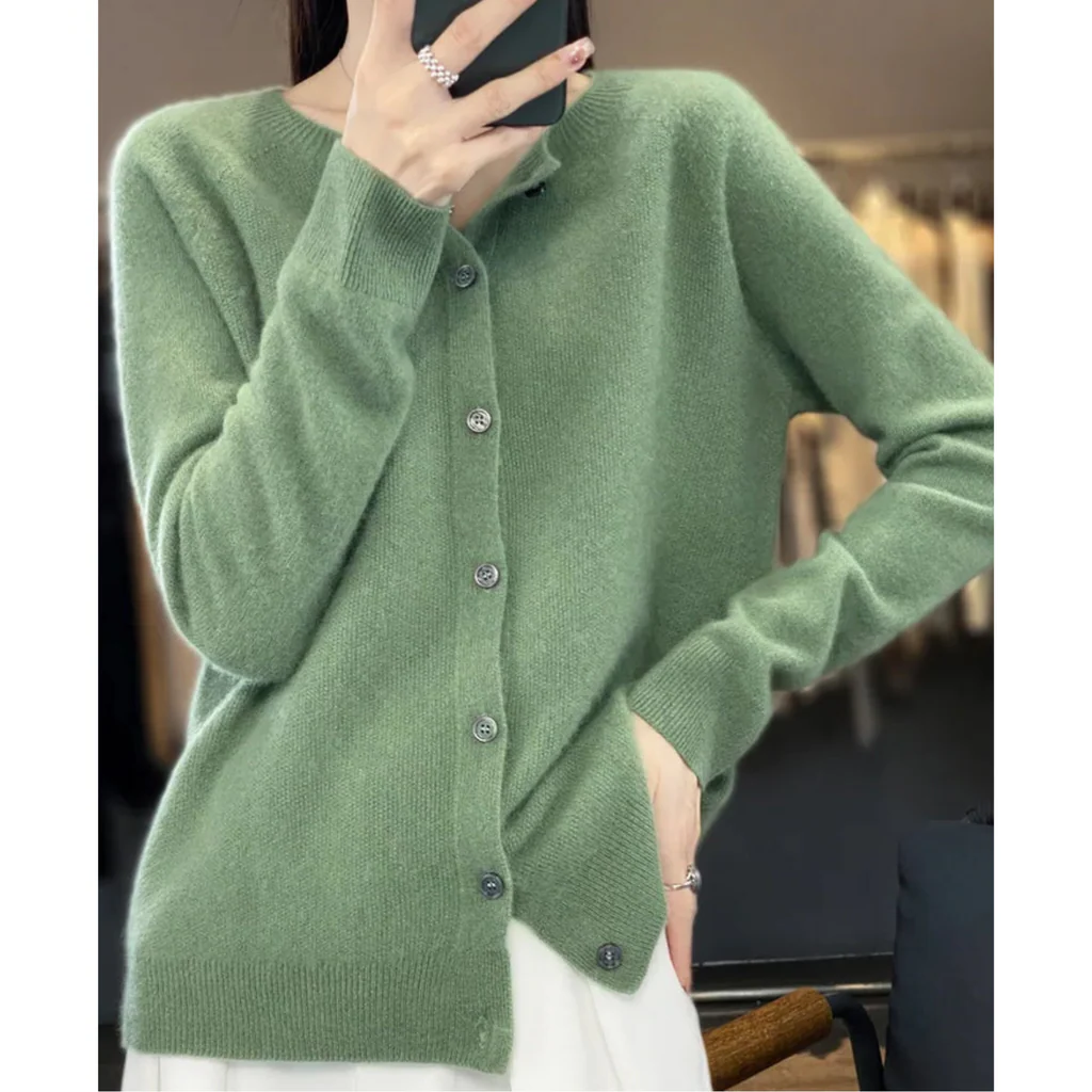 Women's Belro round neck cardigan sweater, featuring a classic knit design, displayed on a mannequin with a neutral background.
