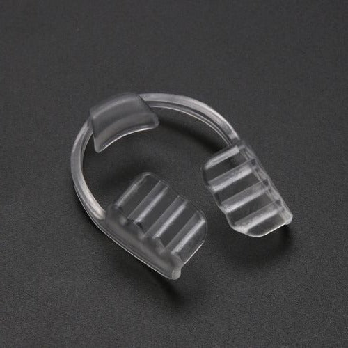 Belro mouth guard for teeth grinding and clenching, showing a clear dental guard fitted in a person's mouth for oral protection.