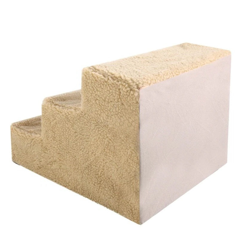 Belro 3-step portable dog stairs for tall beds, lightweight pet steps for small to medium dogs, shown next to a bed.