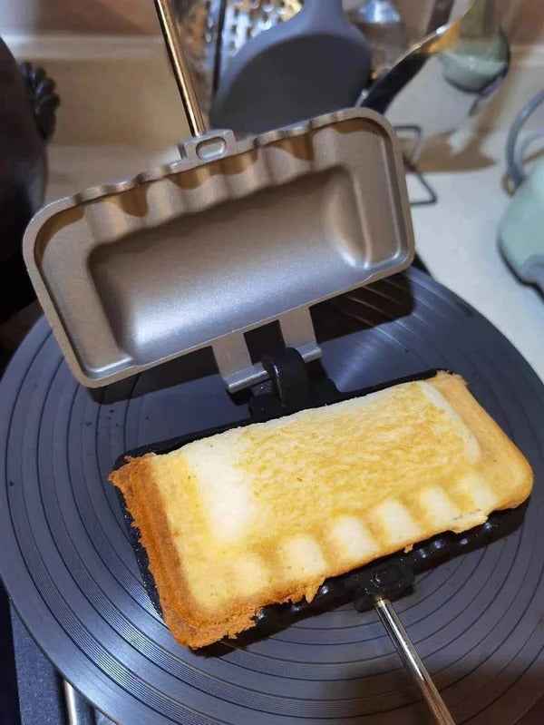 Belro double-sided non-stick sandwich pan showing the two cast iron cooking surfaces for making sandwiches.