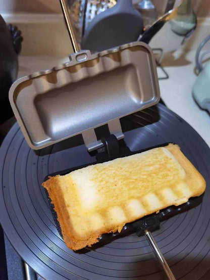 Belro double-sided non-stick sandwich pan showing the two cast iron cooking surfaces for making sandwiches.