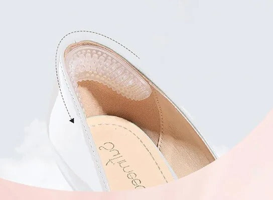 Belro silicone heel grips attached inside a shoe to provide comfort and prevent slipping in footwear.