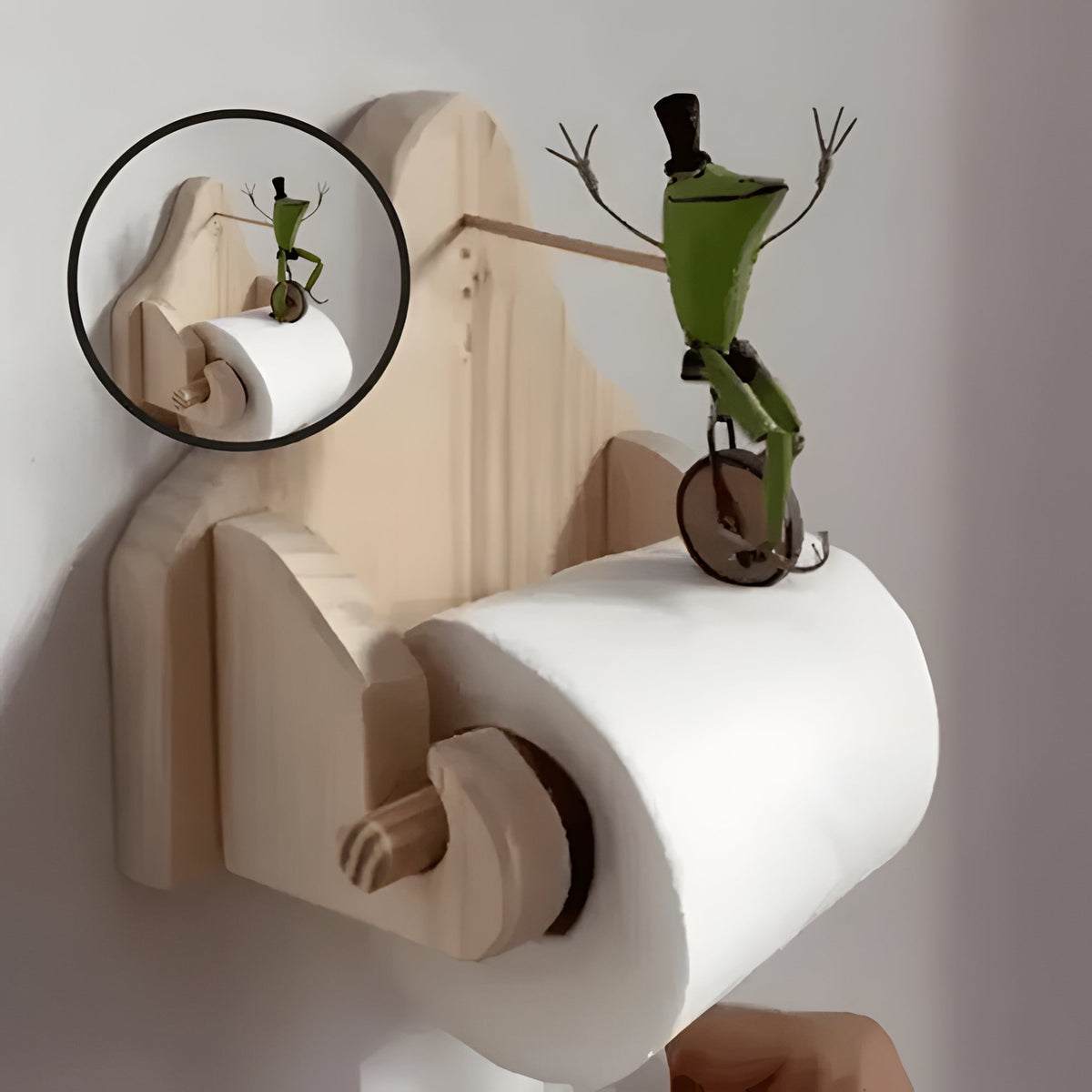 Belro Frog Rider toilet paper holder mounted outdoors, featuring a playful frog design for garden or patio decor.