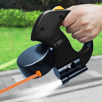 Belro dual dog leash with integrated flashlight and waste bag holder, designed for safe and convenient dog walking.