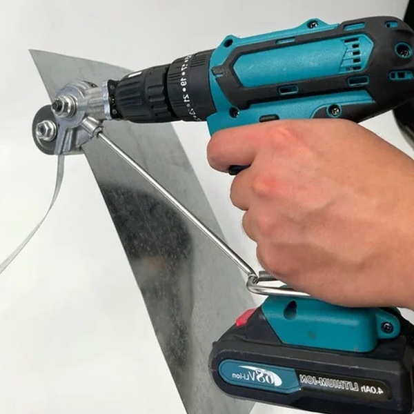Belro metal cutting adapter for drill, shown attached to a drill, used for precise metal cutting in tools and hardware applications.