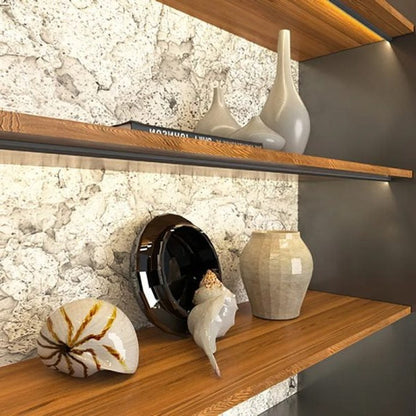 Belro 45-degree LED under cabinet lighting bars, ultra-thin strips illuminating kitchen or storage cabinets with sleek, modern design.