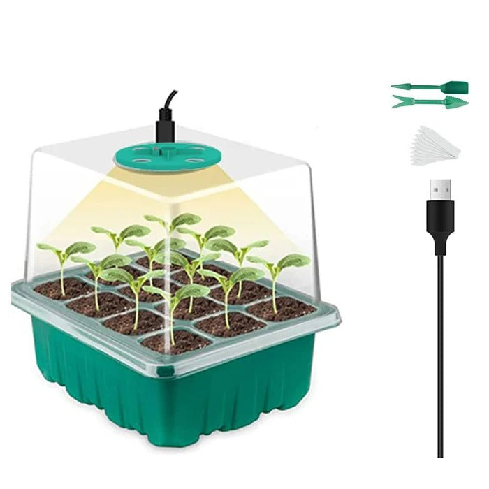 Belro nursery pot with grow light for planting and seed starting, featuring a clear container and integrated lamp for indoor gardening