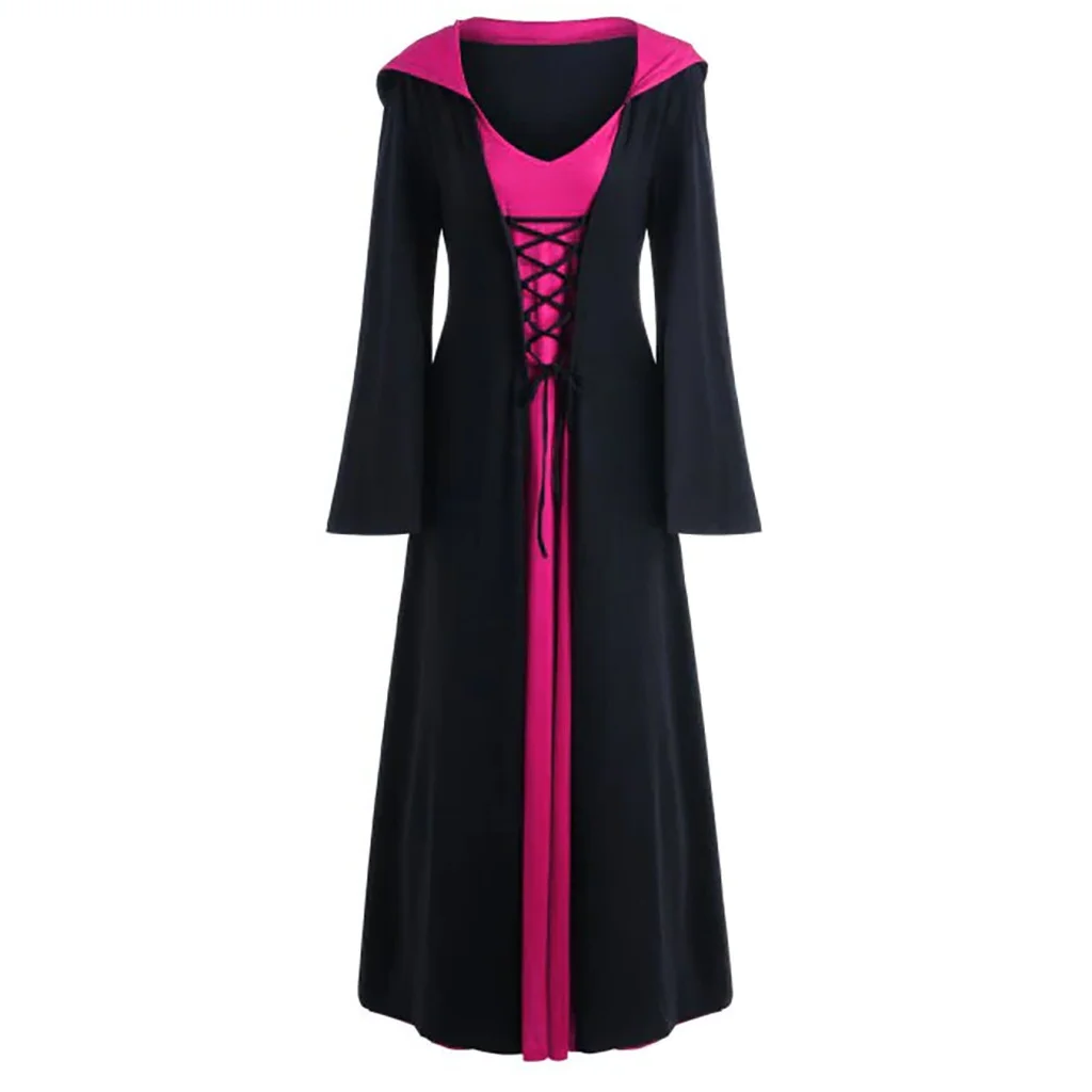 Belro medieval vampire witch dress for women with lace-up hooded cloak, featuring dark, gothic-style fabric and intricate details.