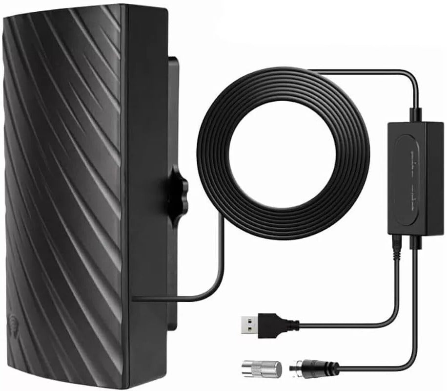 Belro long-range indoor HDTV 4K digital antenna showing sleek design and connection ports, capable of 600-mile signal reception.