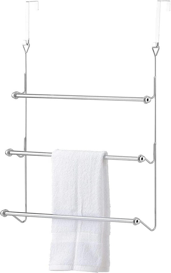 Belro over-the-door bathroom towel bar rack holder hanging on door in a home bathroom setting.