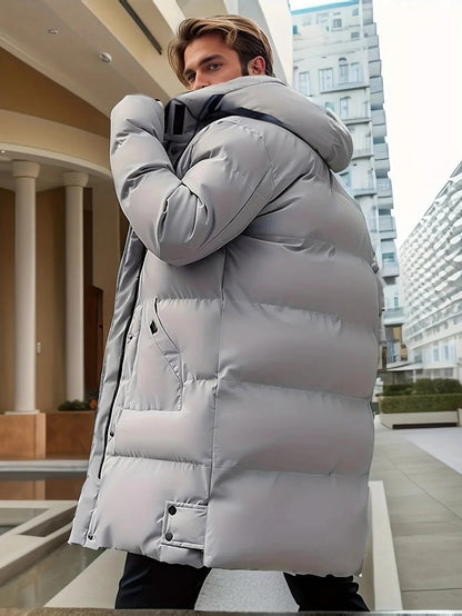Men's Belro long winter jacket, waterproof and warm, with a hood, front zipper, and insulated design for cold weather protection.