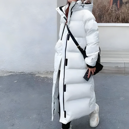 Belro windproof long jacket in stylish design, shown hanging with front view and full length, suitable for fashionable outdoor wear.