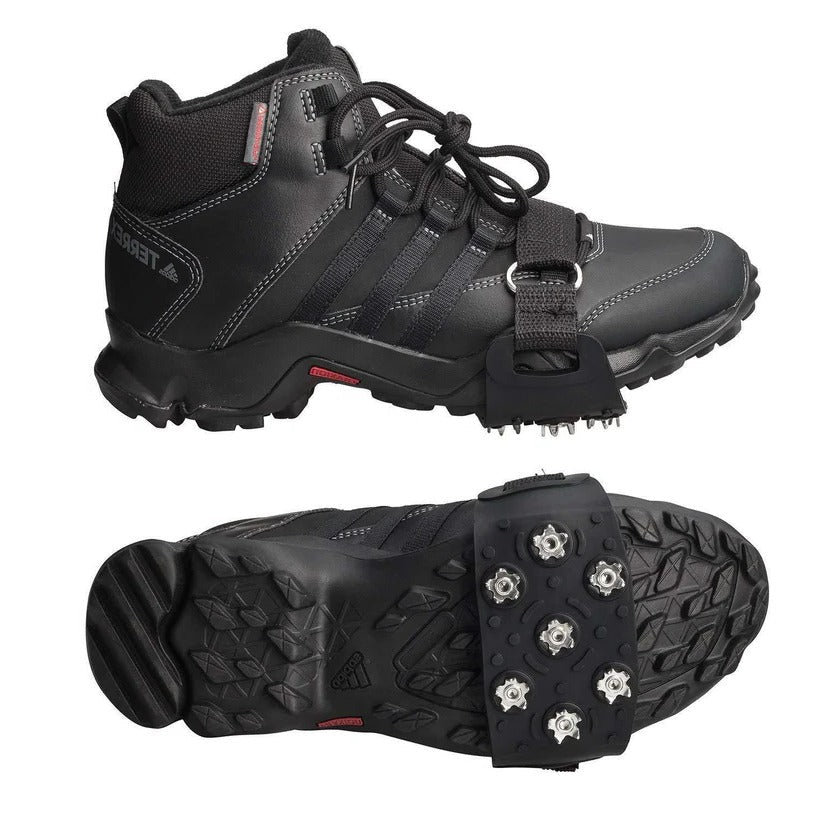 Belro adjustable snow and ice cleats attached to shoes for improved traction during winter outdoor activities.